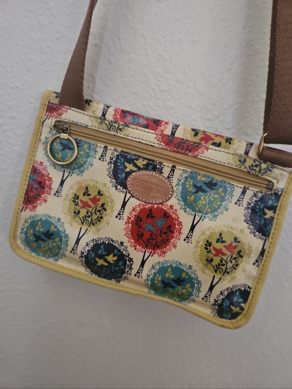 Vintage Fossil Key-Per Birds & Trees Coated Canvas Crossbody Bag — Boho Retro St